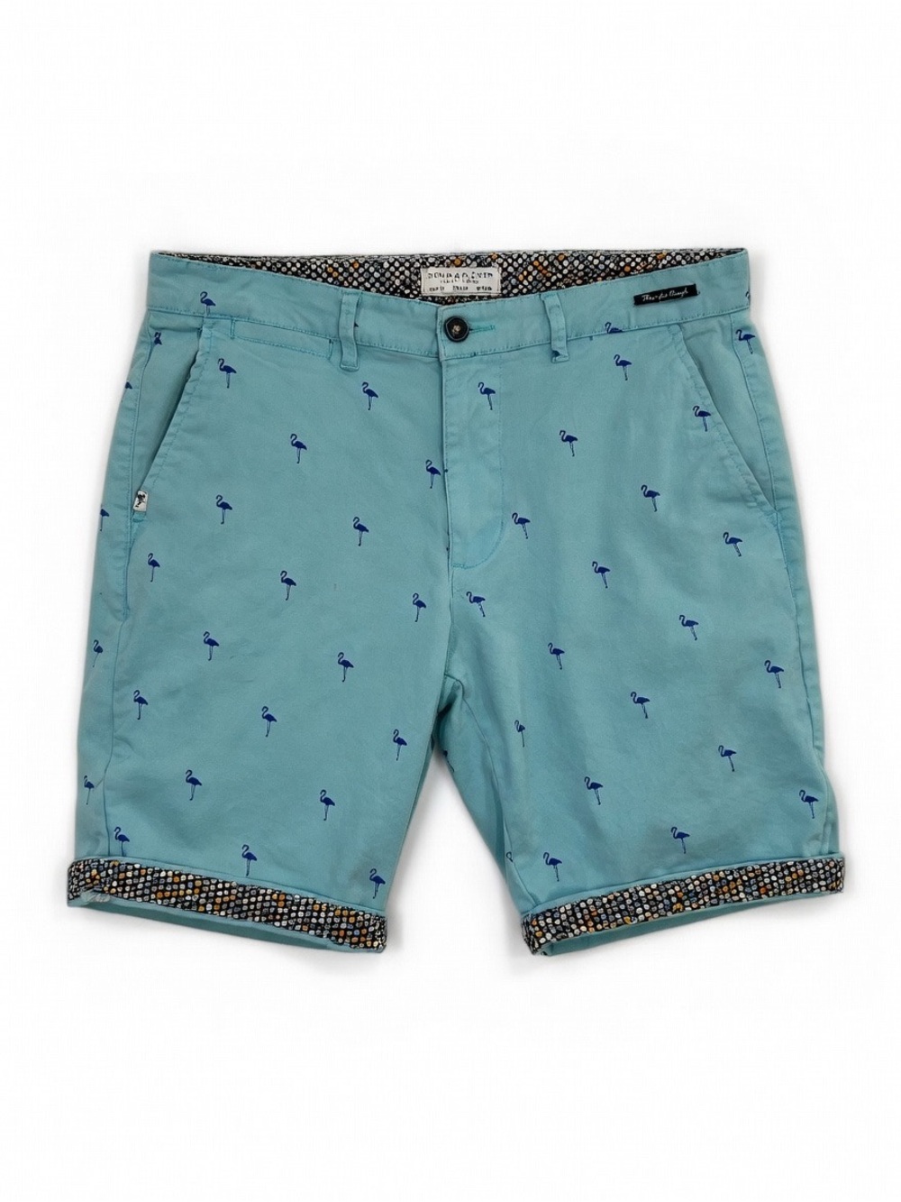 Denim & Flower Ricky Singh Flamingo Print Chino Shorts - Light Blue - Size 32